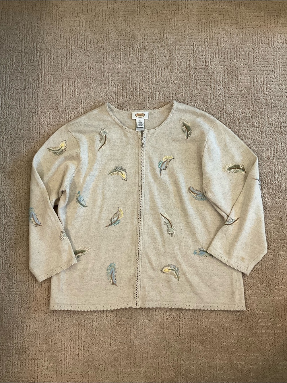 🌿💛 Talbots Linen Cotton Zip Cardigan Leaf Embroidered XL Sweater Coastal Grandma